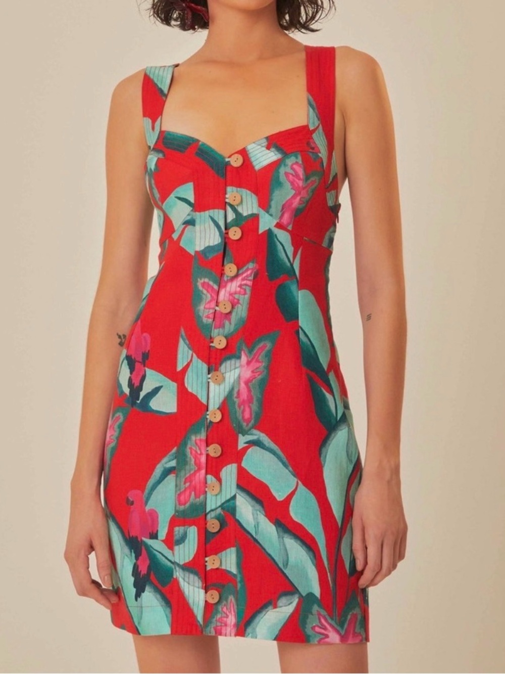 NWT Farm Rio Red Summer Foliage Linen Mini Dress Medium